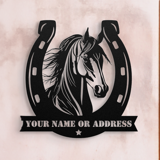 Elevate Your Home Decor with a Personalizable Horse Head Horseshoe Family Metal Sign